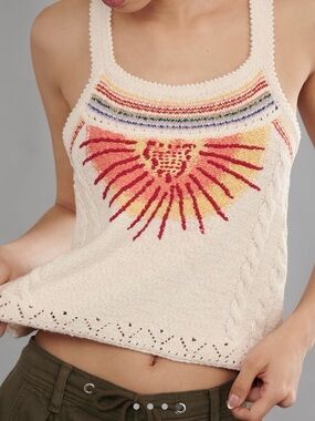 Anthropologie x Pilcro Sunshine Motif Fringed Crop Sweater Tank Top